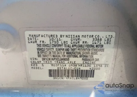 2012 Nissan Versa 1.6 Sl z USA, uszkodzony, nr VIN 3N1CN7APXCL849050